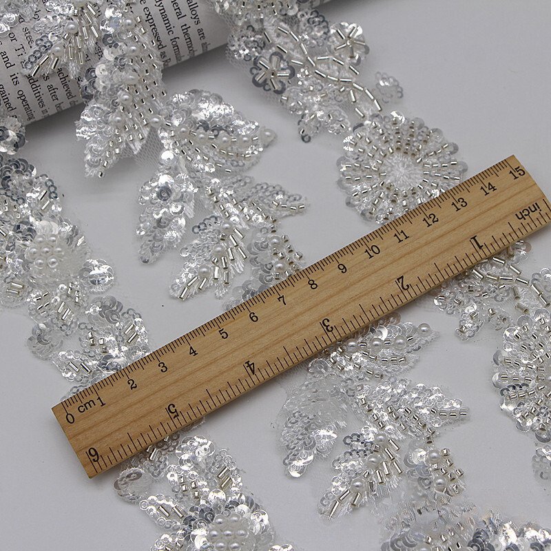 Wholesale Embroidery Chemical Applique Trimming Lace Embroidered Mesh Polyester silver Beaded Sequin Lace Trim For Dress