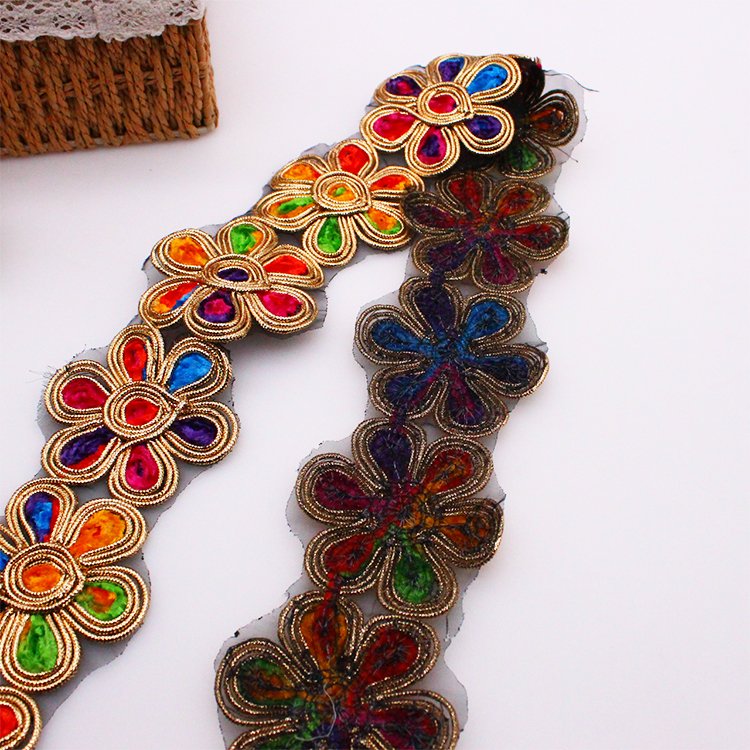 High Quality Indian Embroidered Lace Trim Multi-Color Sequin Clothing Accessories with Custom Width Net Material