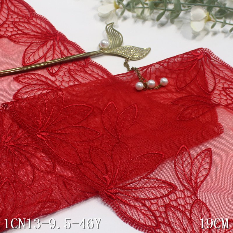 Tulle design lace trim for underwear soft women dress trim 19cm red tulle nylon embroidery floral lace trim