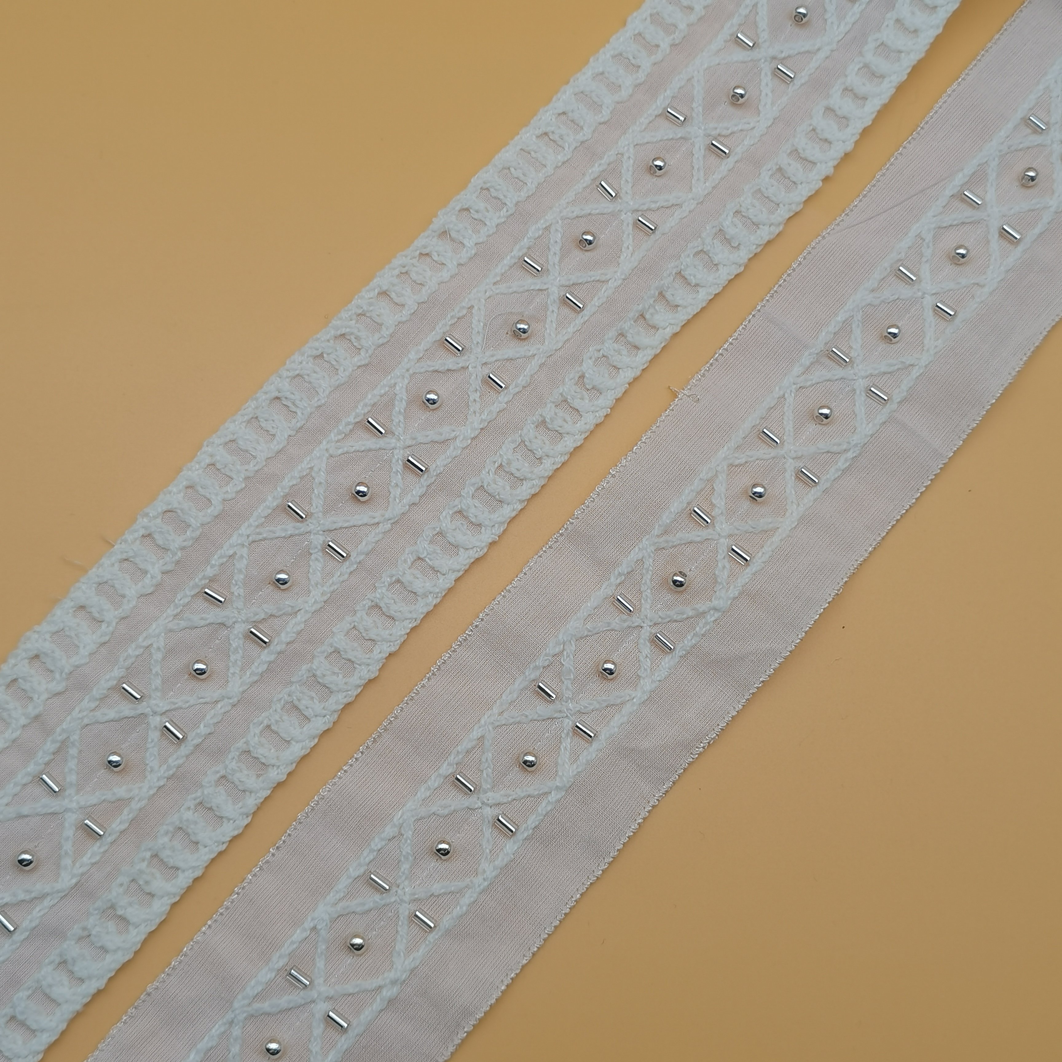 Wholesale 100% Cotton Top Fashion Pearl Trim Border Lace Trimmings with Beads Mesh Fabric for Women's Shoes Bags Dress Design