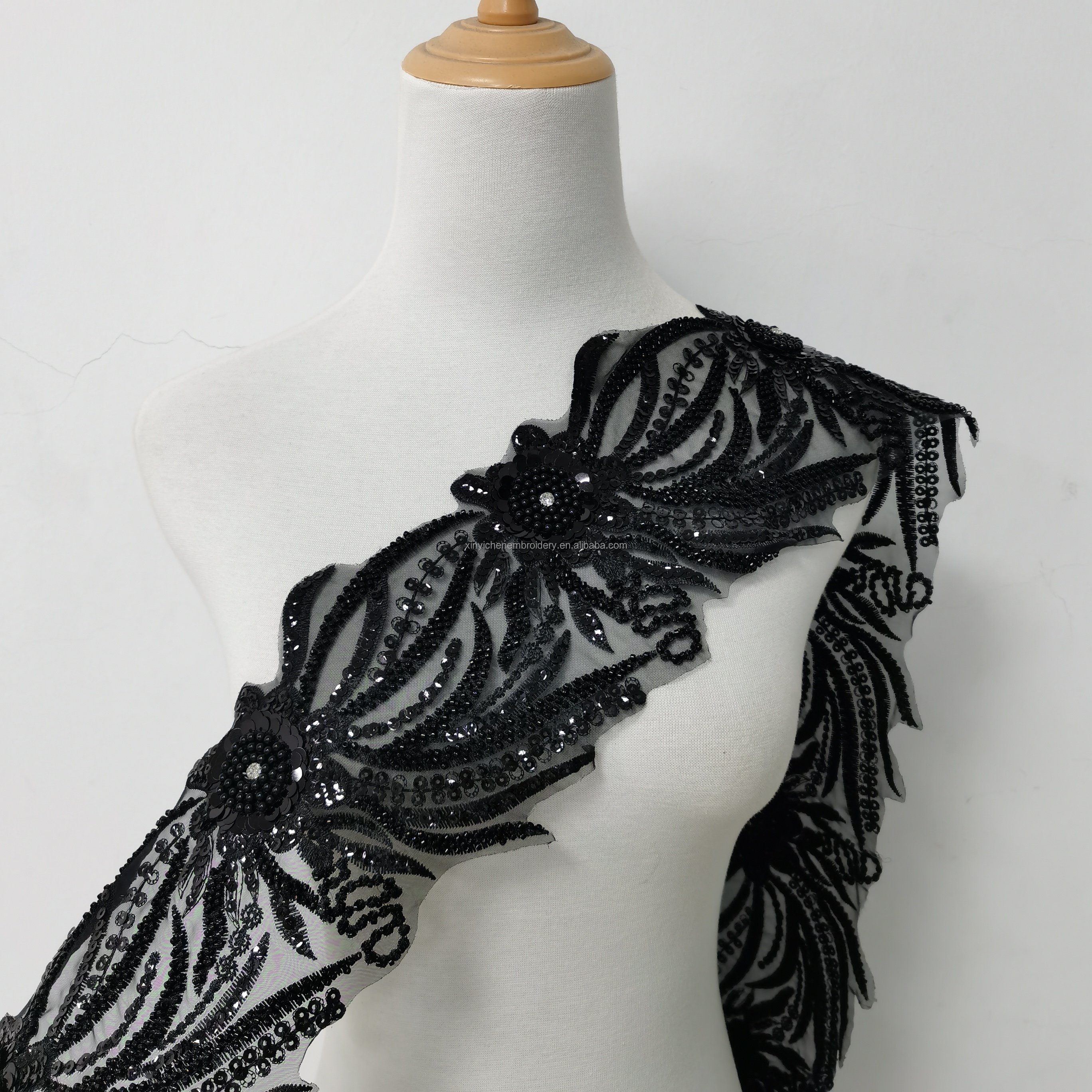 wholesale lace trimming Black sequin beads Rhinestones Embroidered Lace Trim for dress
