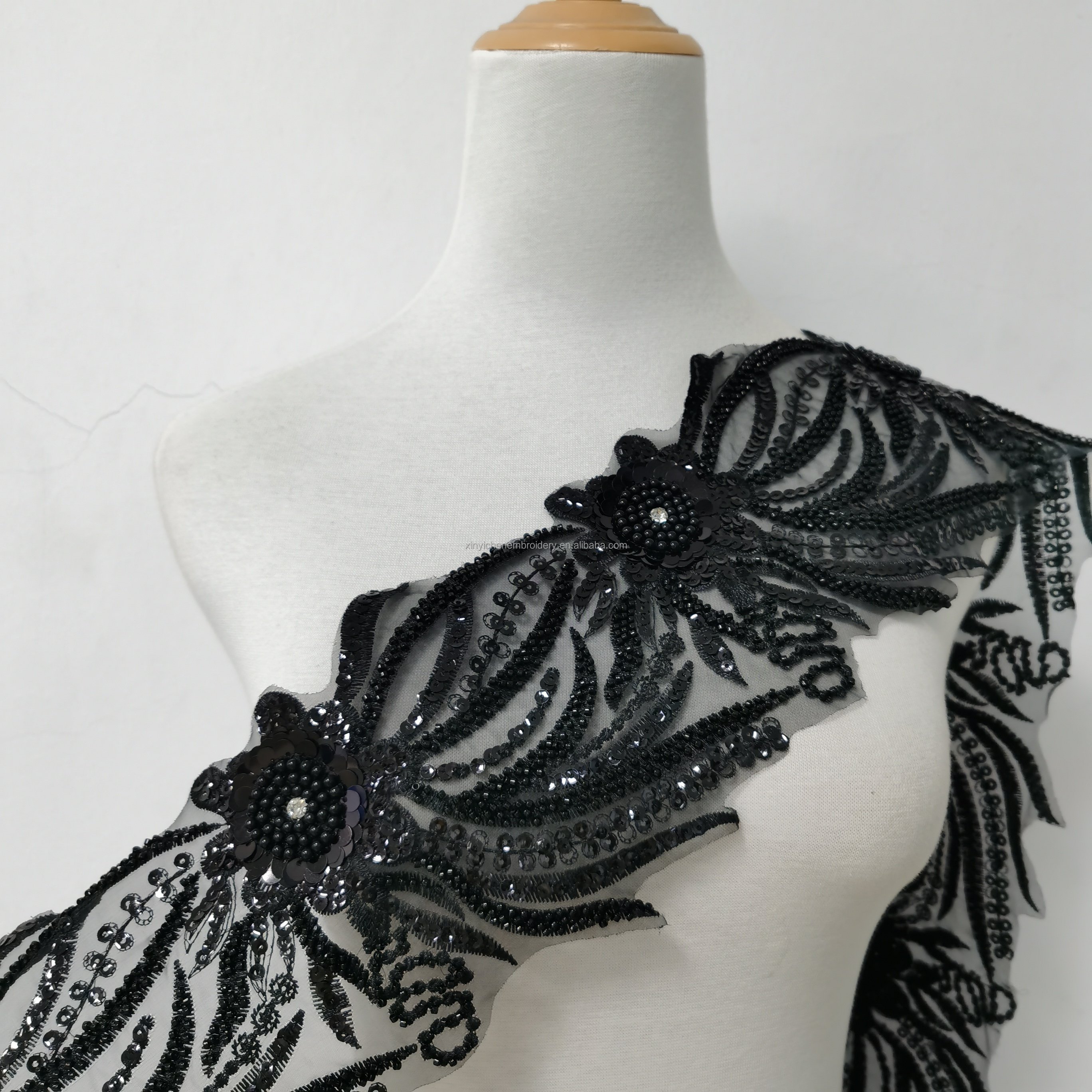 wholesale lace trimming Black sequin beads Rhinestones Embroidered Lace Trim for dress