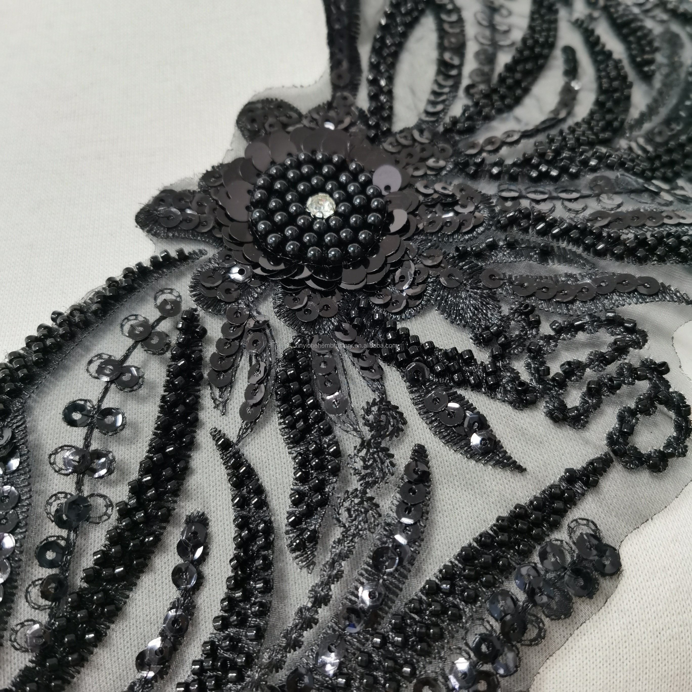 wholesale lace trimming Black sequin beads Rhinestones Embroidered Lace Trim for dress