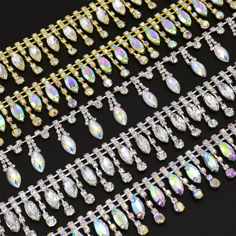 Wholesale 1 Yard Horse Eye Design Fringe Trimmings Beaded Tassel Crystal Rhinestones Appliques For Wedding Dress