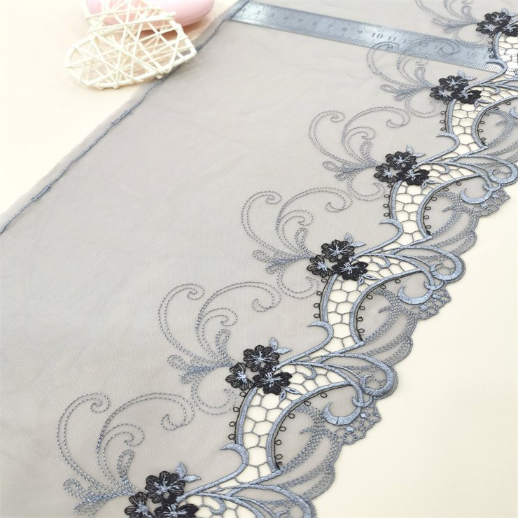 High Quality Fashion 23cm wide Embroidered Flower Grey mesh Lace trim for women lingerie underwear