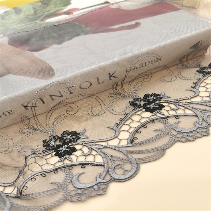 High Quality Fashion 23cm wide Embroidered Flower Grey mesh Lace trim for women lingerie underwear