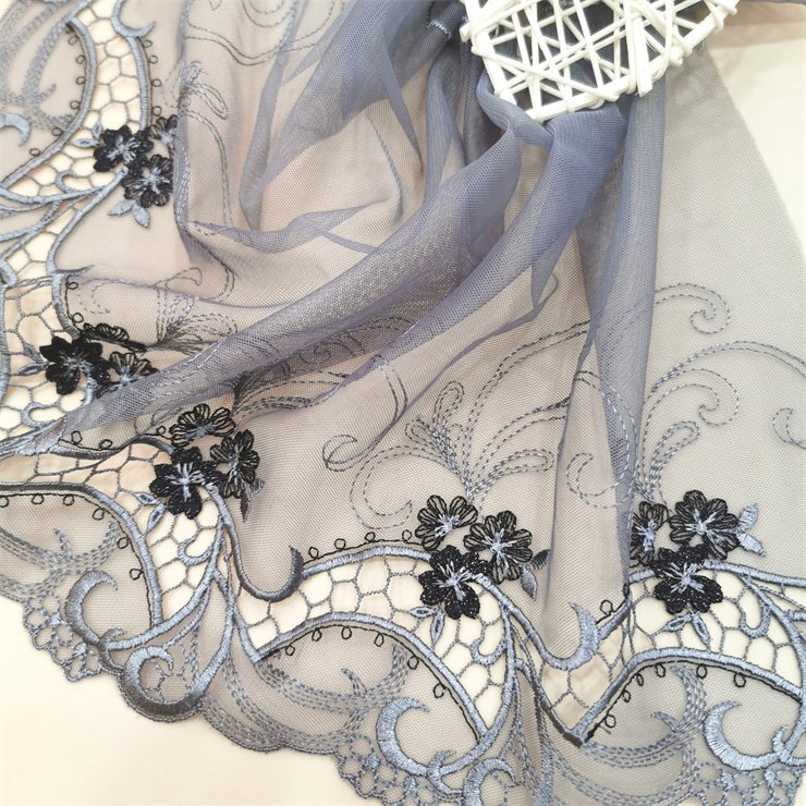 High Quality Fashion 23cm wide Embroidered Flower Grey mesh Lace trim for women lingerie underwear
