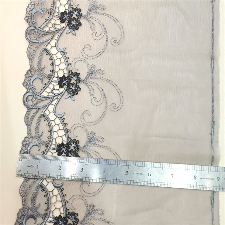 High Quality Fashion 23cm wide Embroidered Flower Grey mesh Lace trim for women lingerie underwear