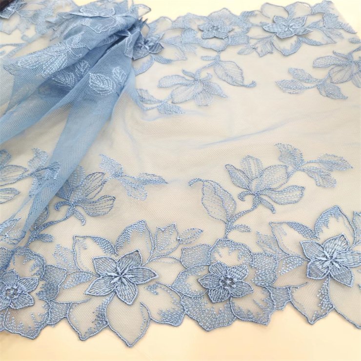 3D Wholesale Delicate High Quality 23cm Shiny Flower Embroidery Lace Trim For Women Dress Blue Tulle Guipure Lace