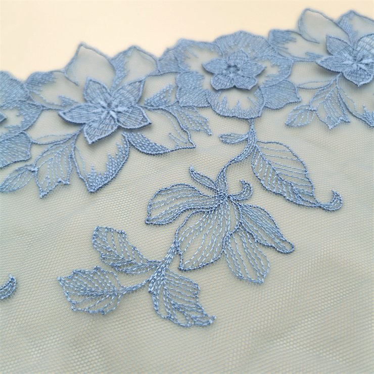3D Wholesale Delicate High Quality 23cm Shiny Flower Embroidery Lace Trim For Women Dress Blue Tulle Guipure Lace
