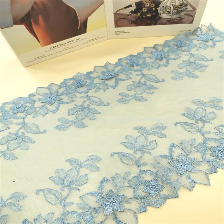 3D Wholesale Delicate High Quality 23cm Shiny Flower Embroidery Lace Trim For Women Dress Blue Tulle Guipure Lace