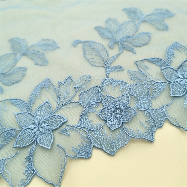 3D Wholesale Delicate High Quality 23cm Shiny Flower Embroidery Lace Trim For Women Dress Blue Tulle Guipure Lace
