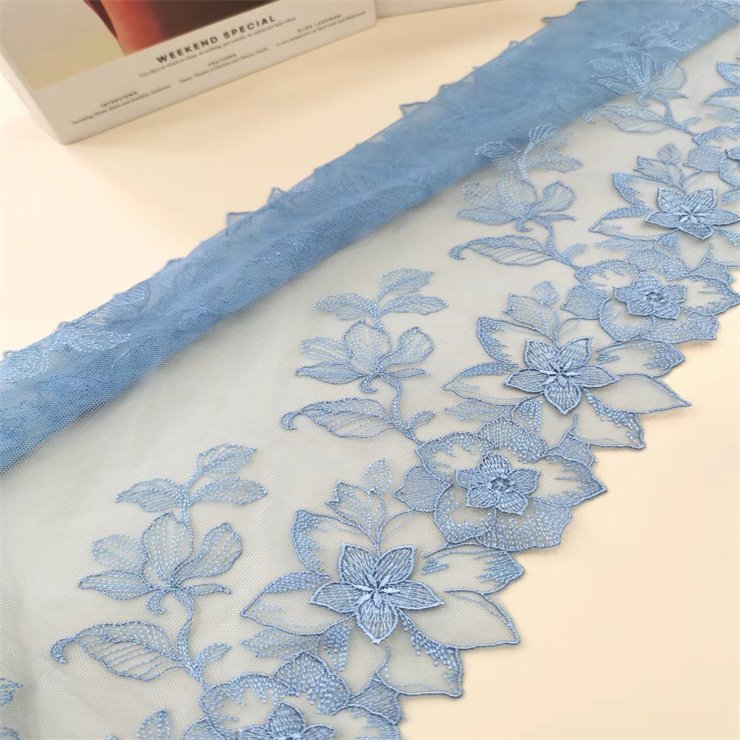3D Wholesale Delicate High Quality 23cm Shiny Flower Embroidery Lace Trim For Women Dress Blue Tulle Guipure Lace