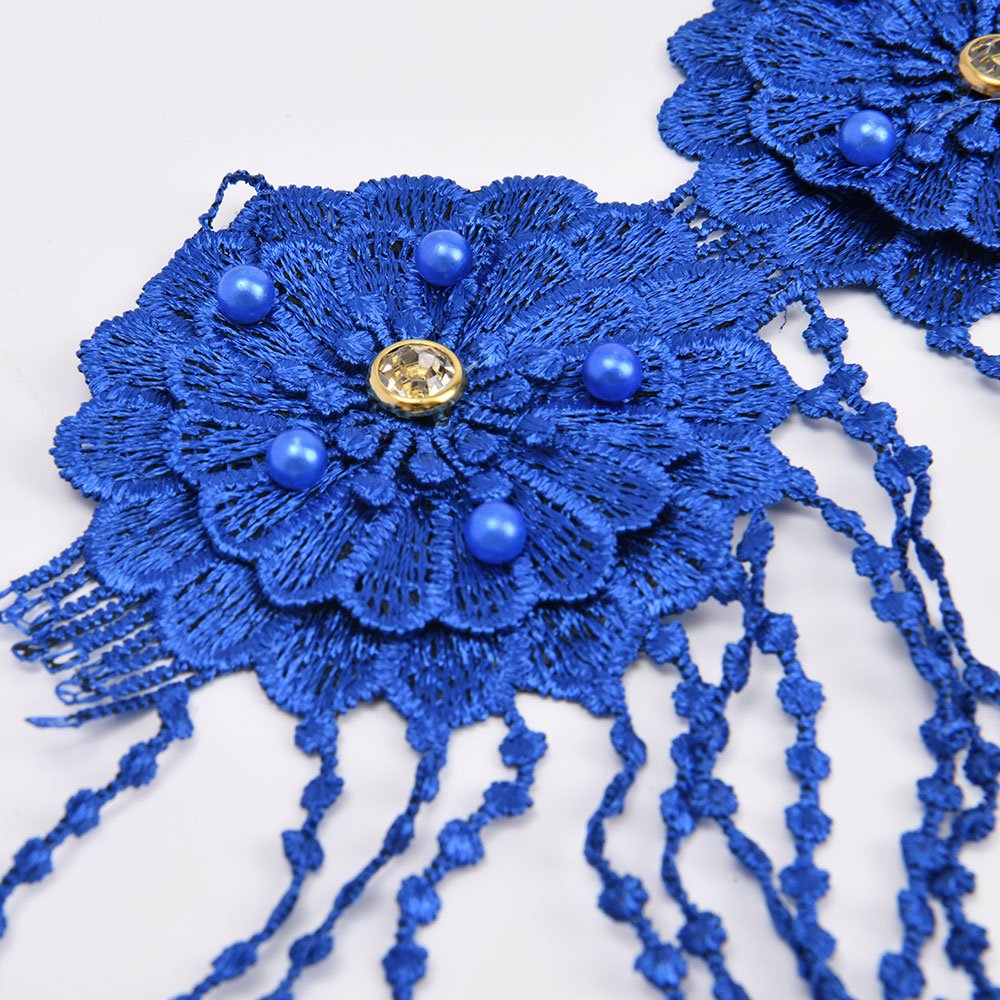 Wholesale Factory Custom Embroidered Flower with Rhinestones Button and Beads Chemical Lace Trim