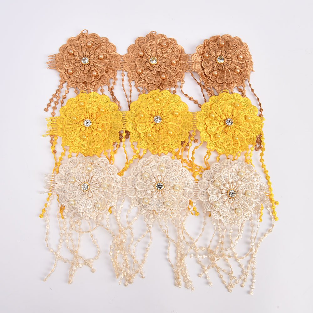 Wholesale Factory Custom Embroidered Flower with Rhinestones Button and Beads Chemical Lace Trim
