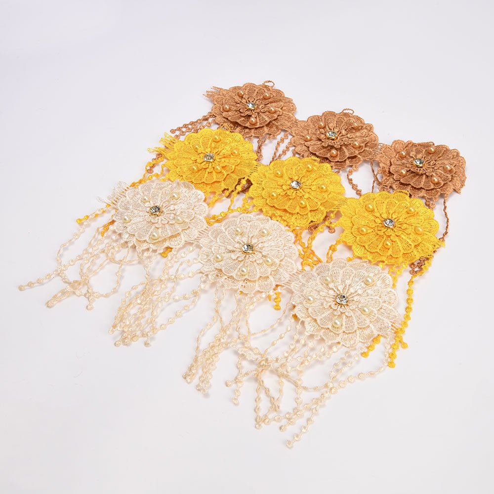 Wholesale Factory Custom Embroidered Flower with Rhinestones Button and Beads Chemical Lace Trim
