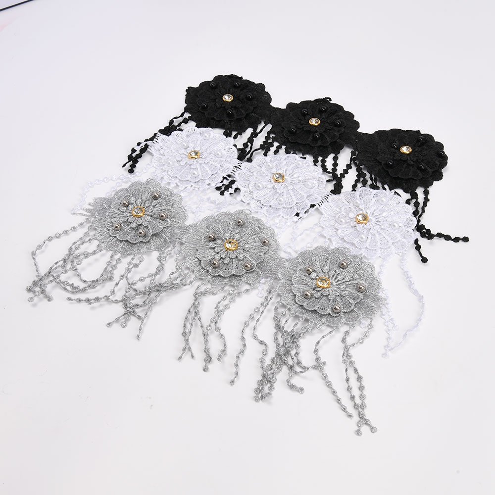 Wholesale Factory Custom Embroidered Flower with Rhinestones Button and Beads Chemical Lace Trim