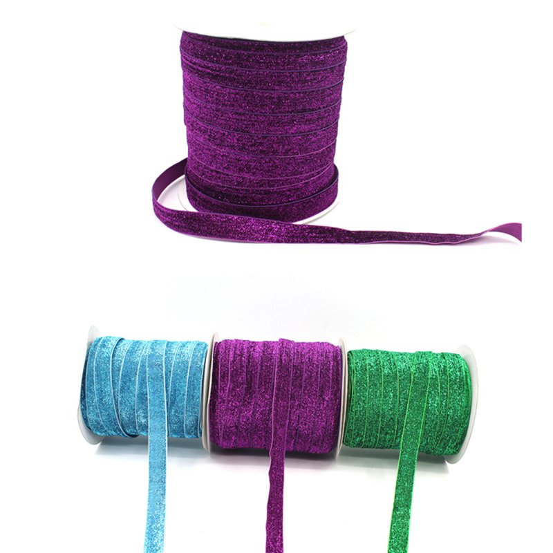 custom nylon single side no-elastic Roll Wired Ribbon purple green shiny metallic glitter velvet ribbon trim for gift packing