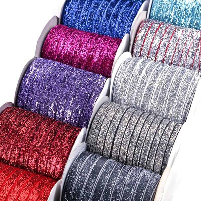 custom nylon single side no-elastic Roll Wired Ribbon purple green shiny metallic glitter velvet ribbon trim for gift packing