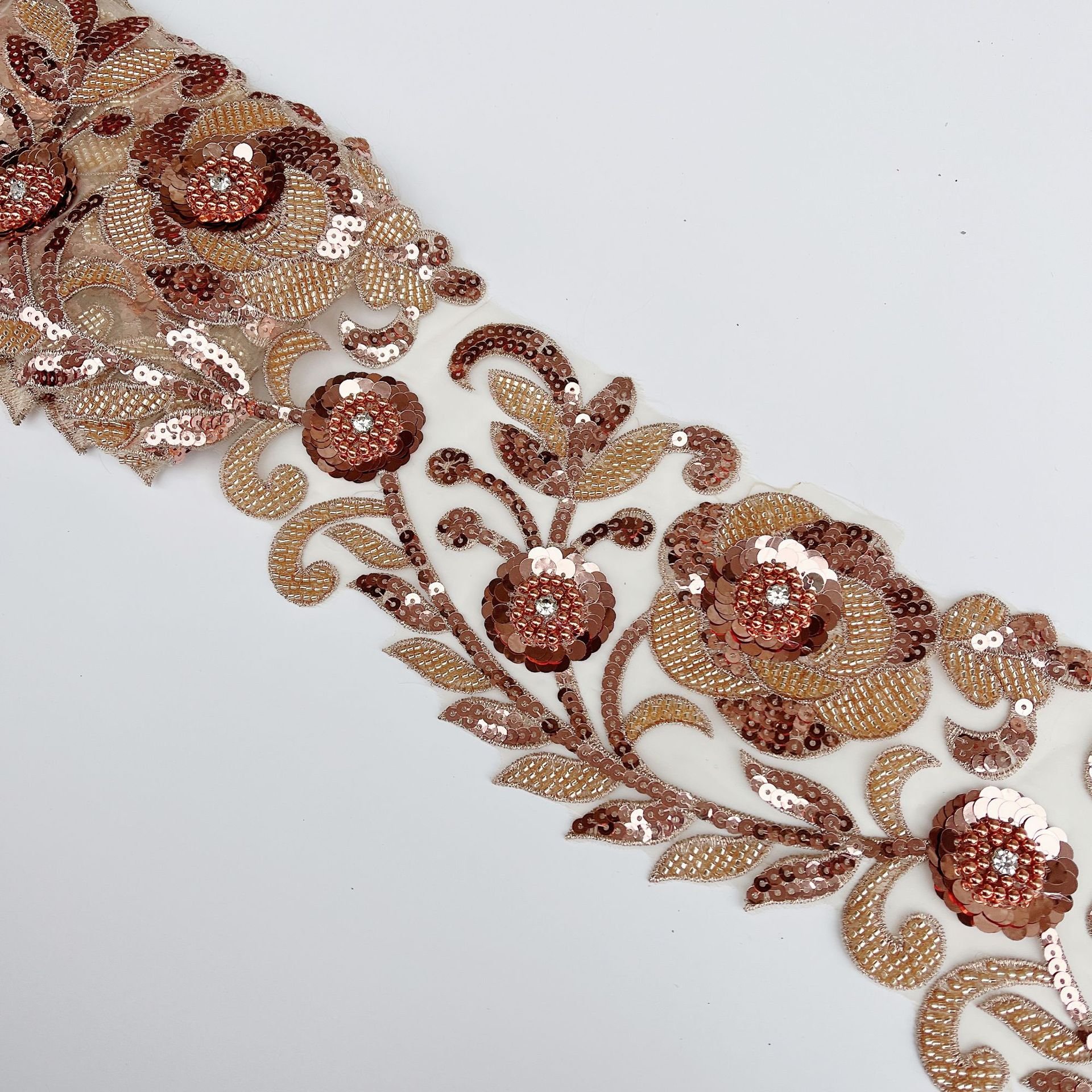 Best selling white lace trim with sequin embroidery beaded sequined lace trim