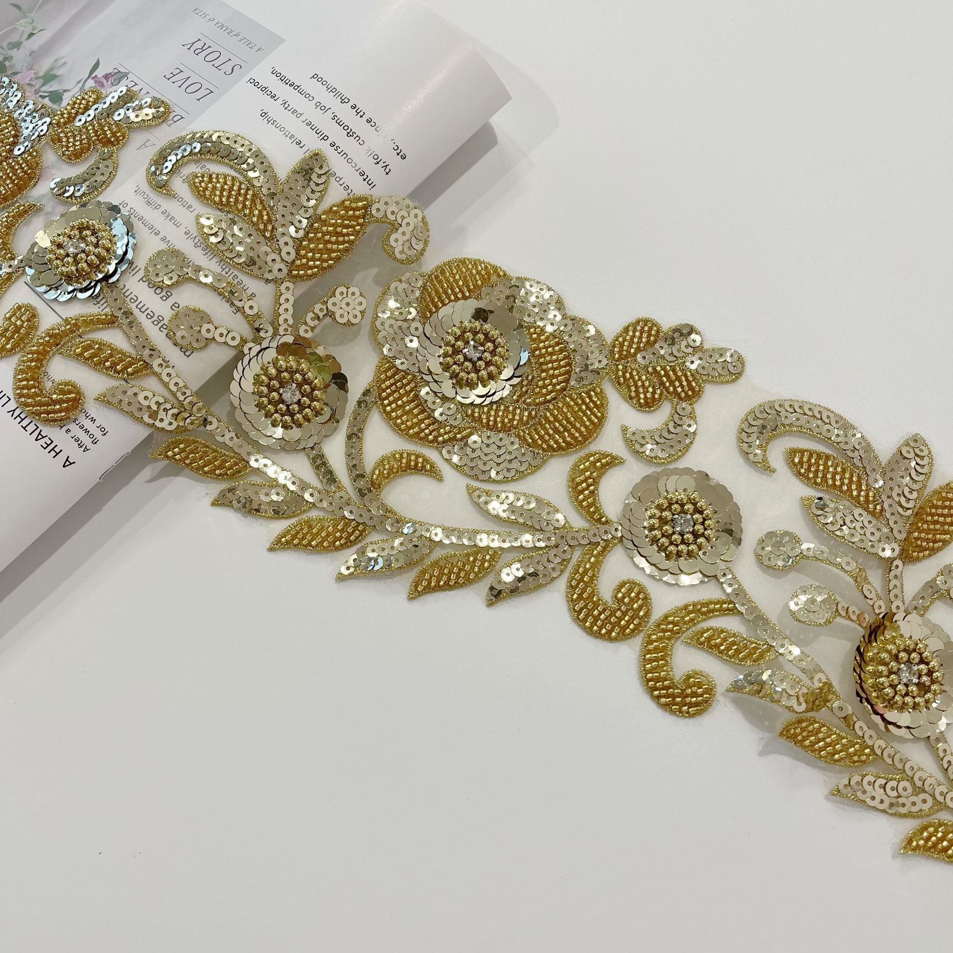 Best selling white lace trim with sequin embroidery beaded sequined lace trim