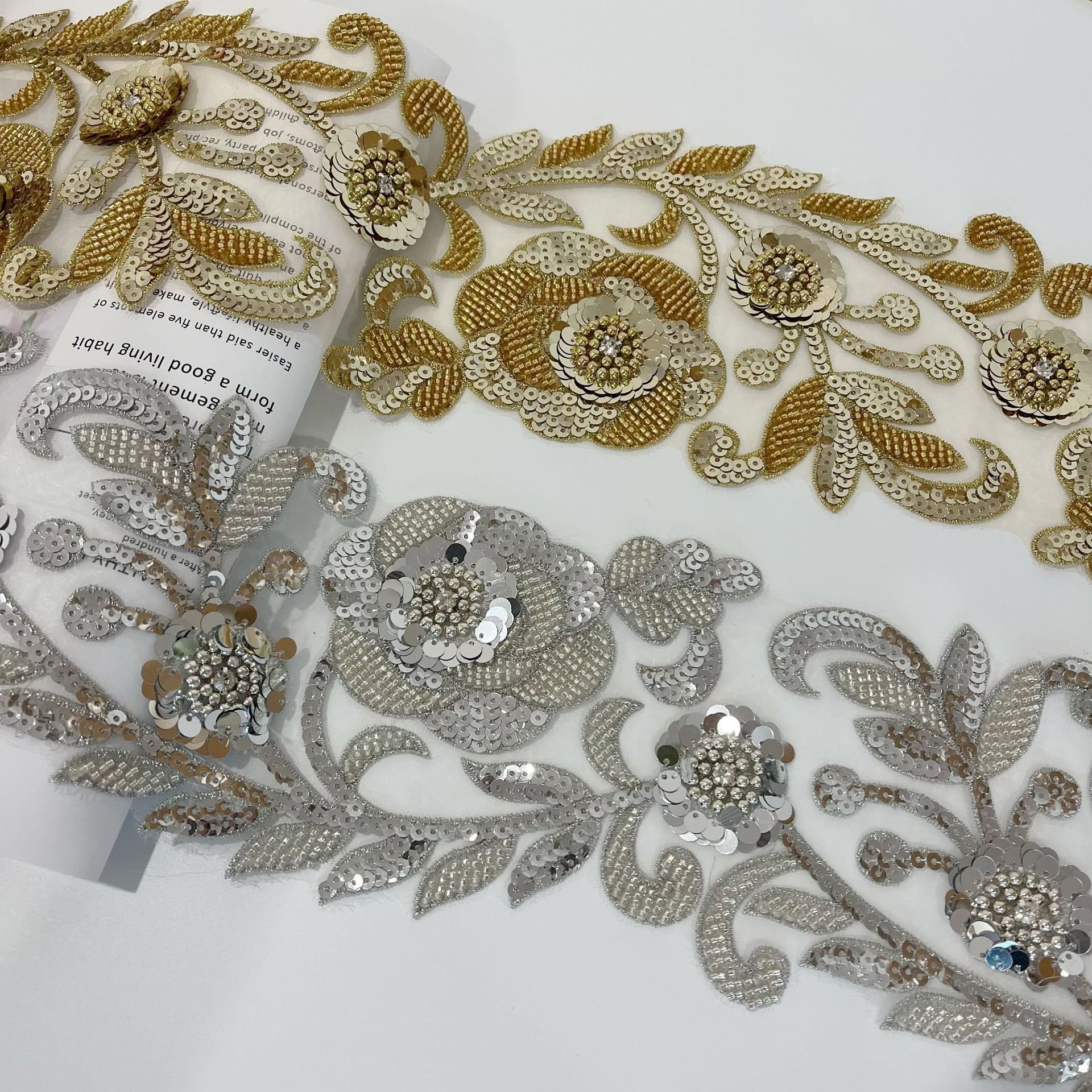 Best selling white lace trim with sequin embroidery beaded sequined lace trim