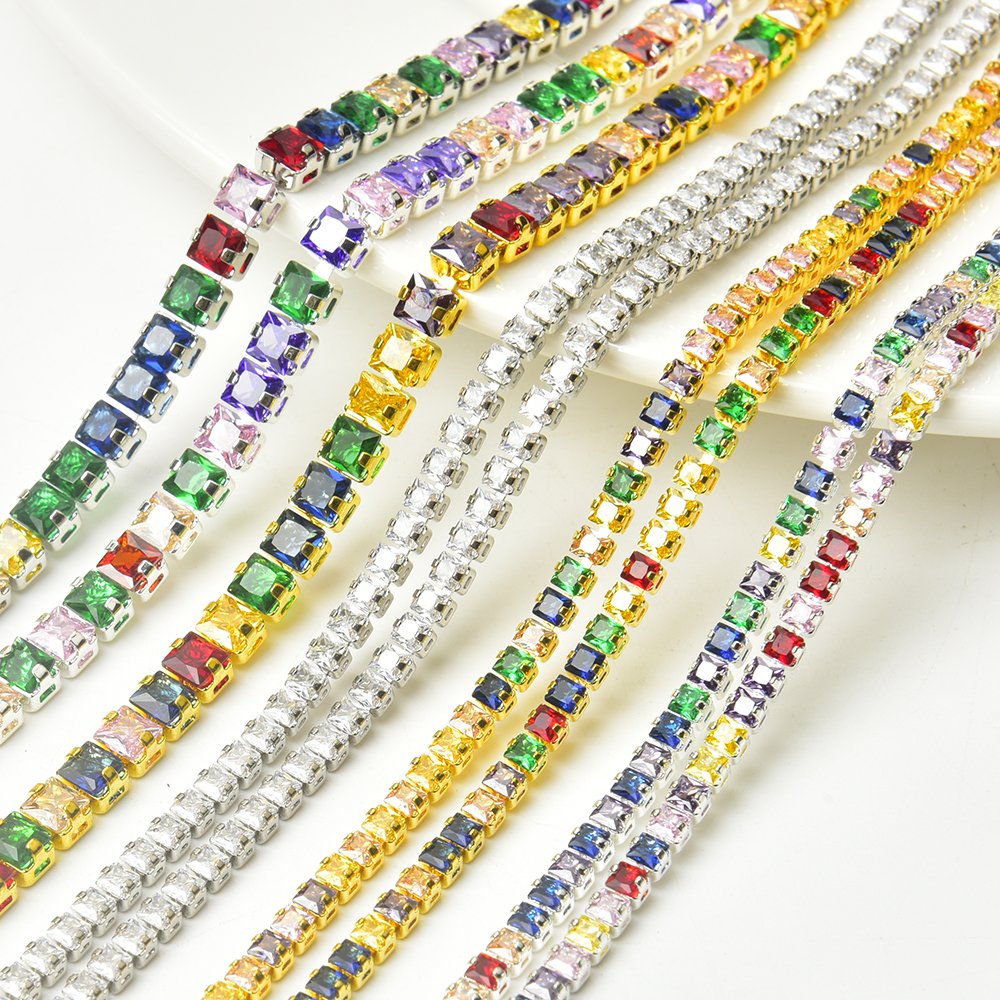 2.5-4mm High Quality Square Zircon Rhinestone Cup Chain Colorful Metal Crystal Trim for Nail Strass Wedding Dress Shoes Bags