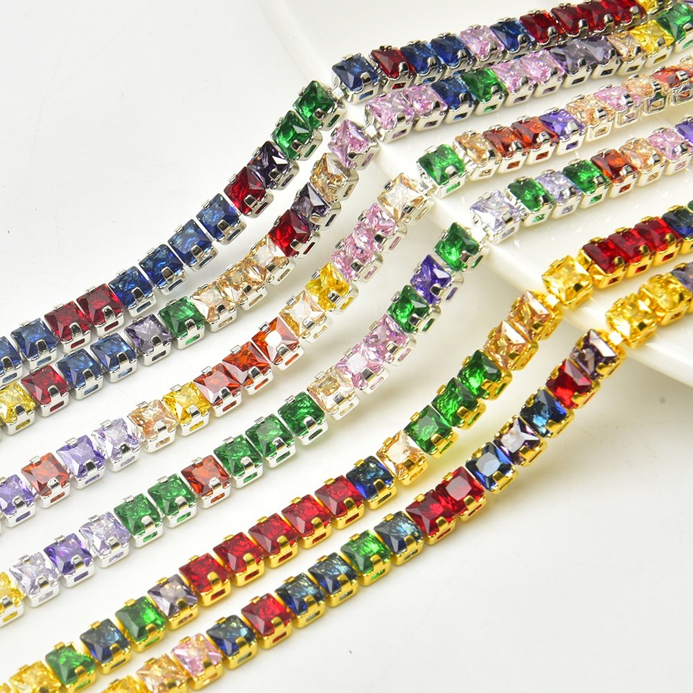 2.5-4mm High Quality Square Zircon Rhinestone Cup Chain Colorful Metal Crystal Trim for Nail Strass Wedding Dress Shoes Bags