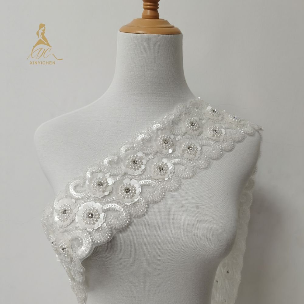 Hot Sale Embroidered Coloured Beaded Trim Silver Stretch Trim Bridal Elastic Stretch Lace Trims for Clothing