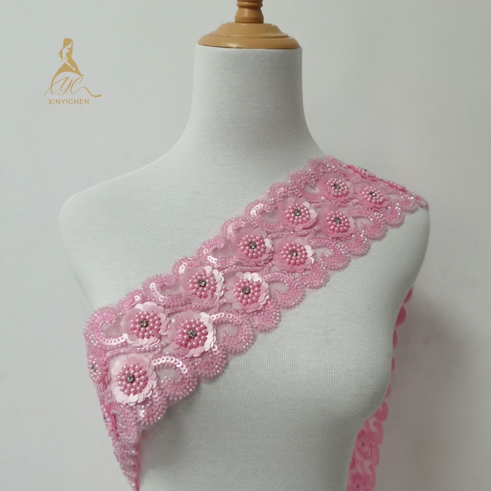 Hot Sale Embroidered Coloured Beaded Trim Silver Stretch Trim Bridal Elastic Stretch Lace Trims for Clothing