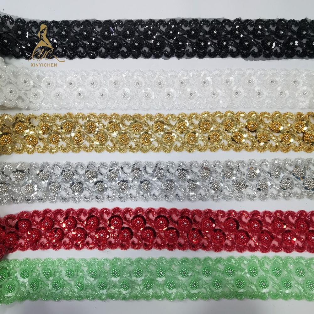 Hot Sale Embroidered Coloured Beaded Trim Silver Stretch Trim Bridal Elastic Stretch Lace Trims for Clothing