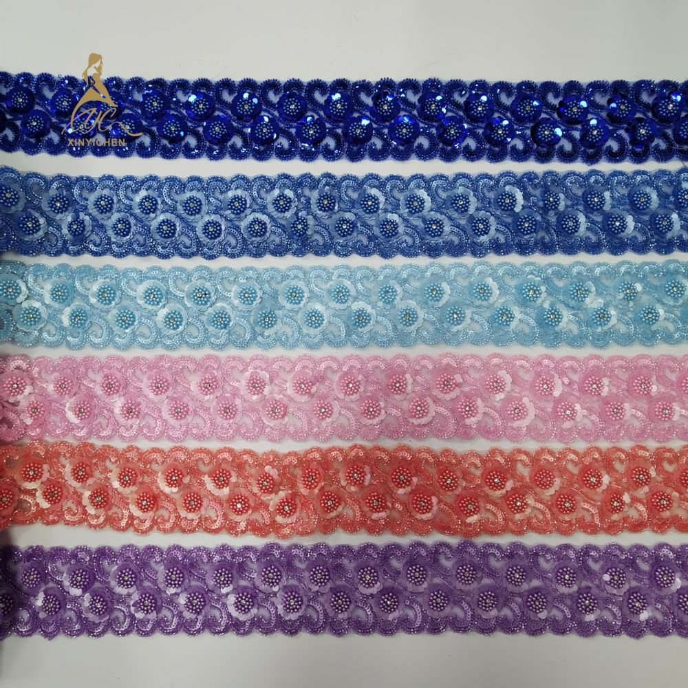 Hot Sale Embroidered Coloured Beaded Trim Silver Stretch Trim Bridal Elastic Stretch Lace Trims for Clothing