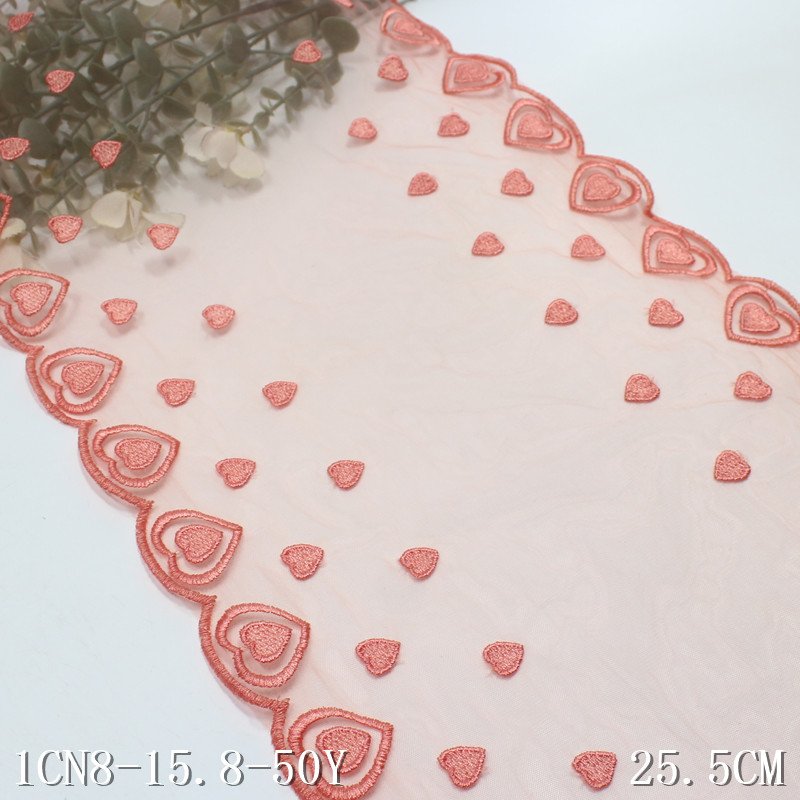 Fresh Elegant 25cm light orange Mesh Embroidered Tulle Lace fabric Heart Shape Embroidery Lace trim for Lingerie Women Dress