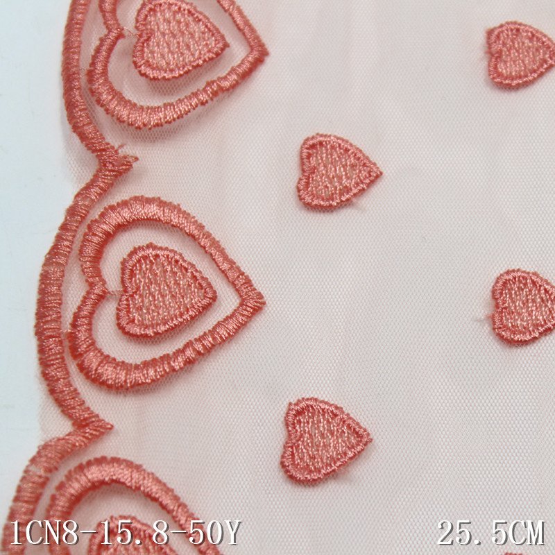 Fresh Elegant 25cm light orange Mesh Embroidered Tulle Lace fabric Heart Shape Embroidery Lace trim for Lingerie Women Dress