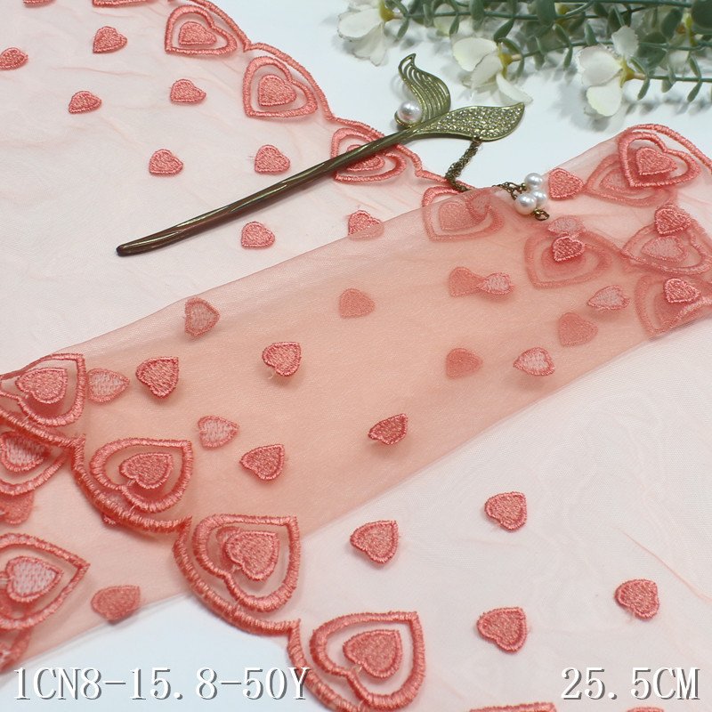 Fresh Elegant 25cm light orange Mesh Embroidered Tulle Lace fabric Heart Shape Embroidery Lace trim for Lingerie Women Dress