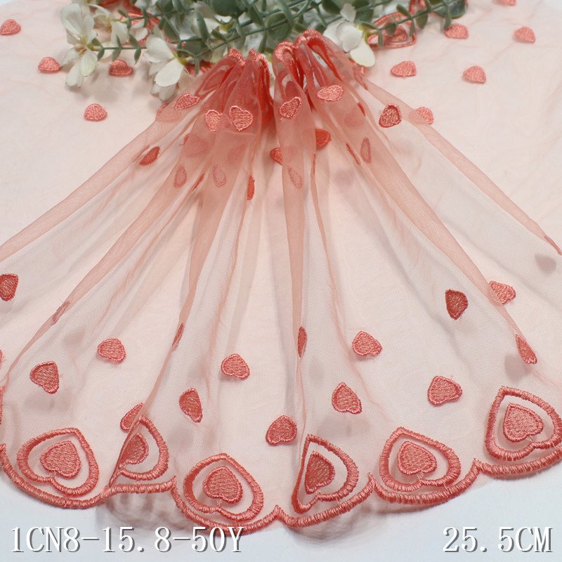 Fresh Elegant 25cm light orange Mesh Embroidered Tulle Lace fabric Heart Shape Embroidery Lace trim for Lingerie Women Dress