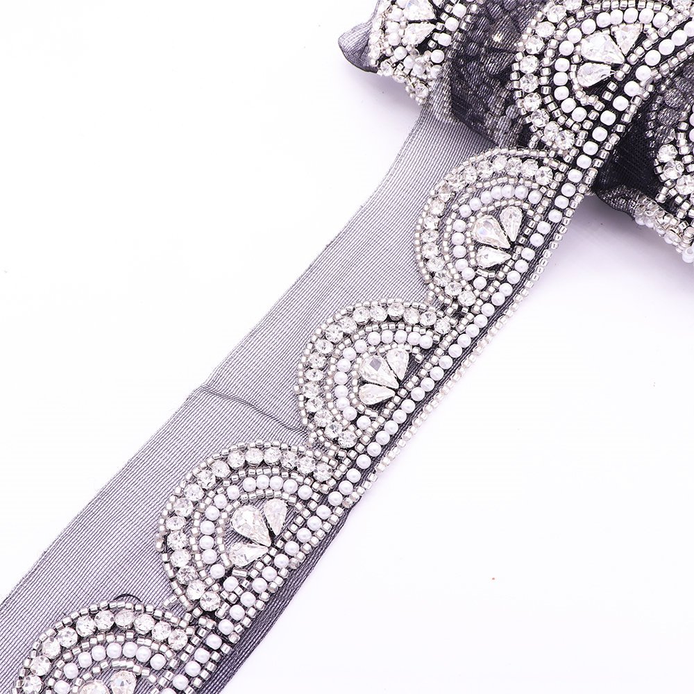 Women Dress Decorative Hand Sewing Pearl Beaded Lace Trim Sew On Lace Trimming With Rhinestone