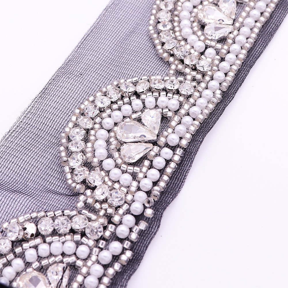 Women Dress Decorative Hand Sewing Pearl Beaded Lace Trim Sew On Lace Trimming With Rhinestone