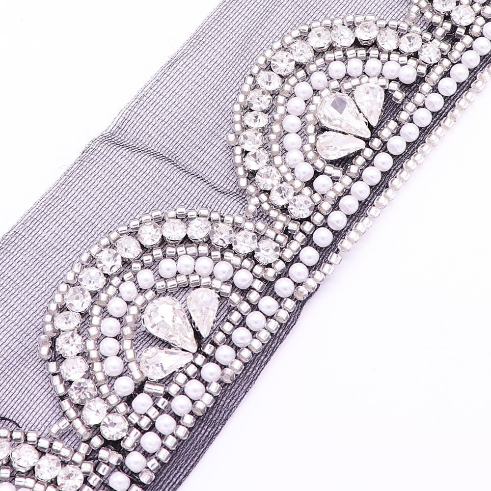 Women Dress Decorative Hand Sewing Pearl Beaded Lace Trim Sew On Lace Trimming With Rhinestone