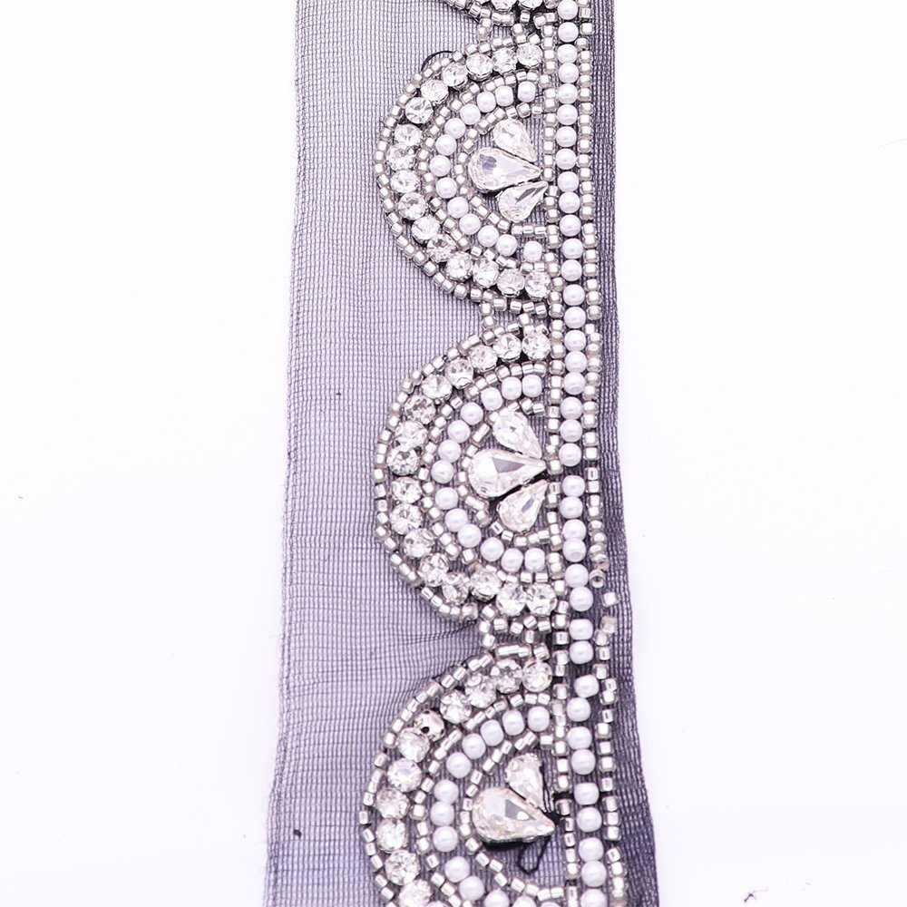 Women Dress Decorative Hand Sewing Pearl Beaded Lace Trim Sew On Lace Trimming With Rhinestone