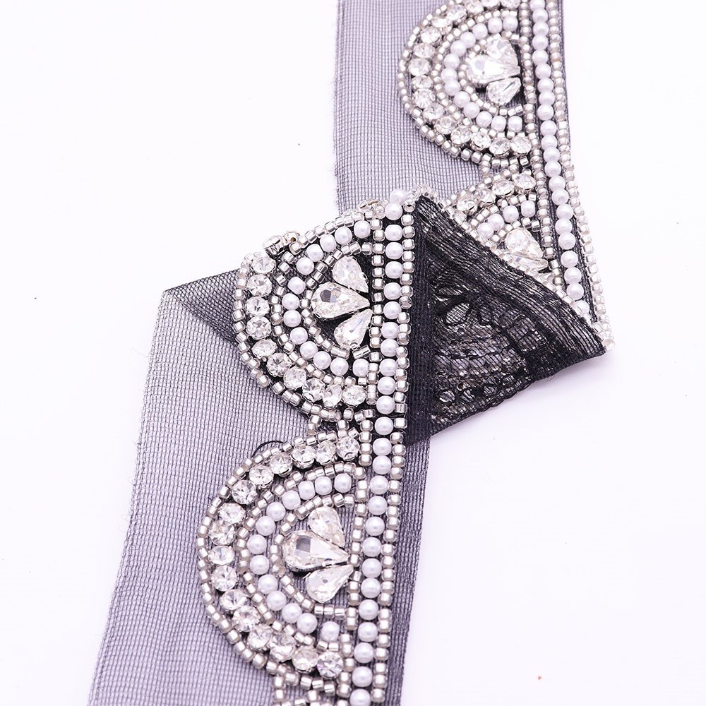 Women Dress Decorative Hand Sewing Pearl Beaded Lace Trim Sew On Lace Trimming With Rhinestone