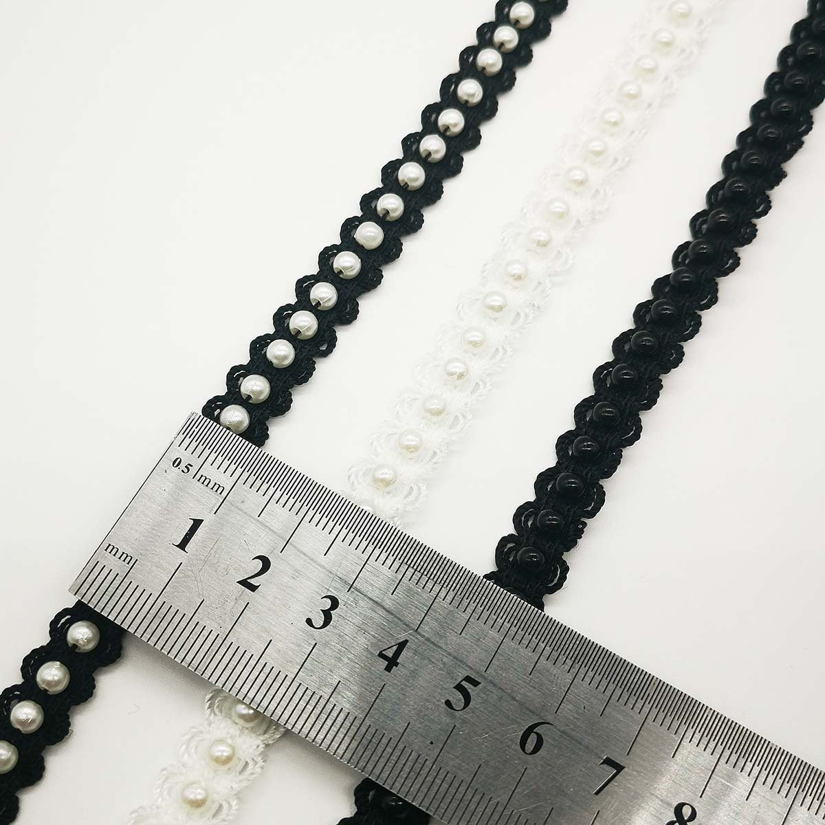 Wholesale Spot Elastic Handmade Beaded Lace White1cm Pearl Polyester Lace Trim