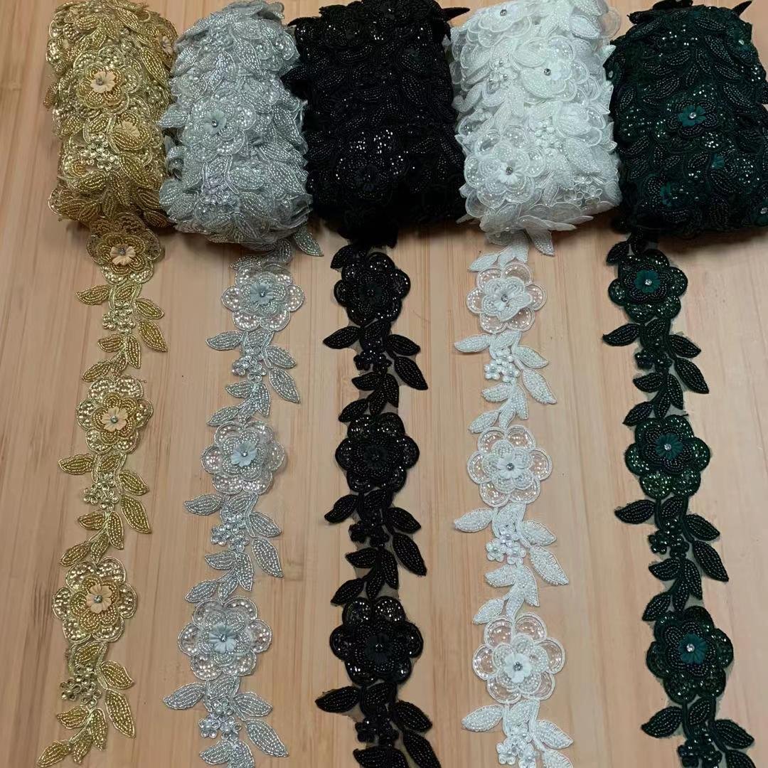New arrival handmade beaded corded bridal border lace trim flower trimming