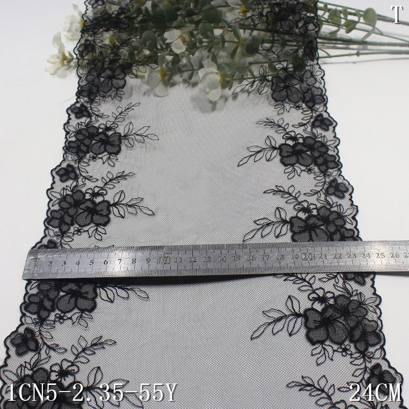 2024 fashion 24cm wide black Embroidery Lace For Bra bright pink mesh floral encaje embroidered lace trim For Women