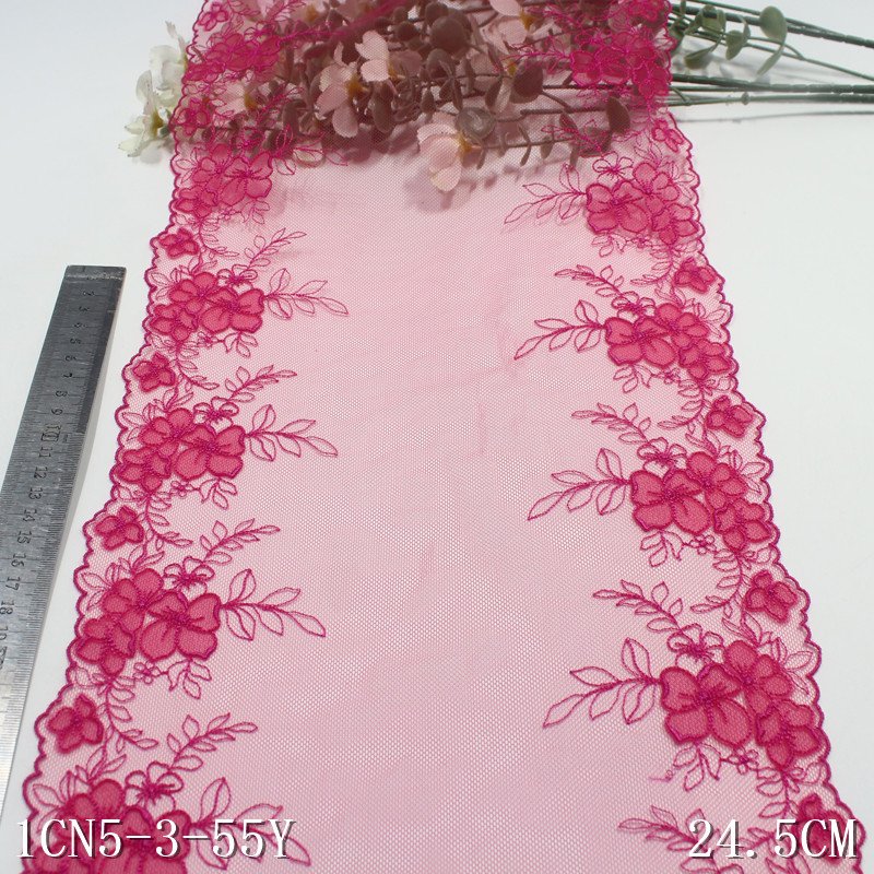 2024 fashion 24cm wide black Embroidery Lace For Bra bright pink mesh floral encaje embroidered lace trim For Women