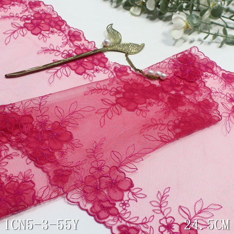 2024 fashion 24cm wide black Embroidery Lace For Bra bright pink mesh floral encaje embroidered lace trim For Women