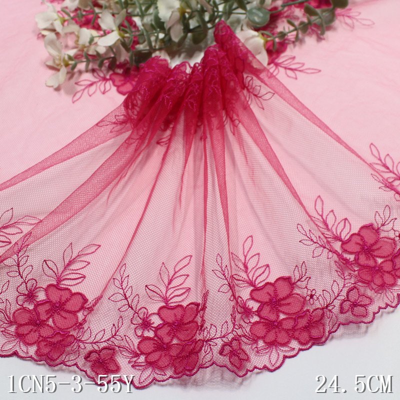 2024 fashion 24cm wide black Embroidery Lace For Bra bright pink mesh floral encaje embroidered lace trim For Women