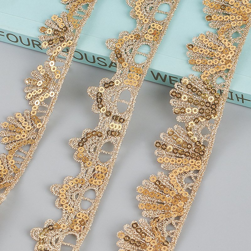 Thread Lace Applique Ethnic Clothing Hollow Embroidery Sequin Lace Golden with Gold Accessories Embroidery Fabric Fashionable