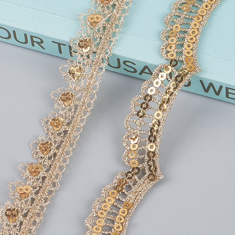 Thread Lace Applique Ethnic Clothing Hollow Embroidery Sequin Lace Golden with Gold Accessories Embroidery Fabric Fashionable