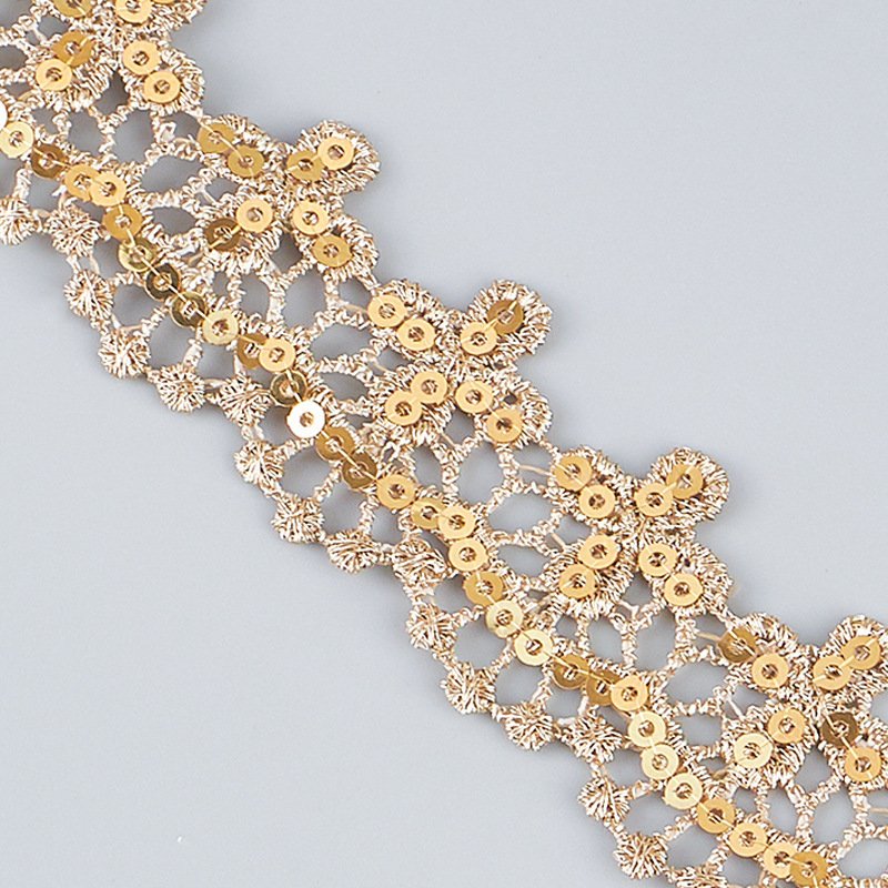 Thread Lace Applique Ethnic Clothing Hollow Embroidery Sequin Lace Golden with Gold Accessories Embroidery Fabric Fashionable